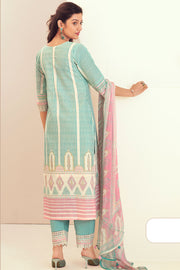 Pure Linen Digital Print Straight Cut Salwar Suit In Cyan Color